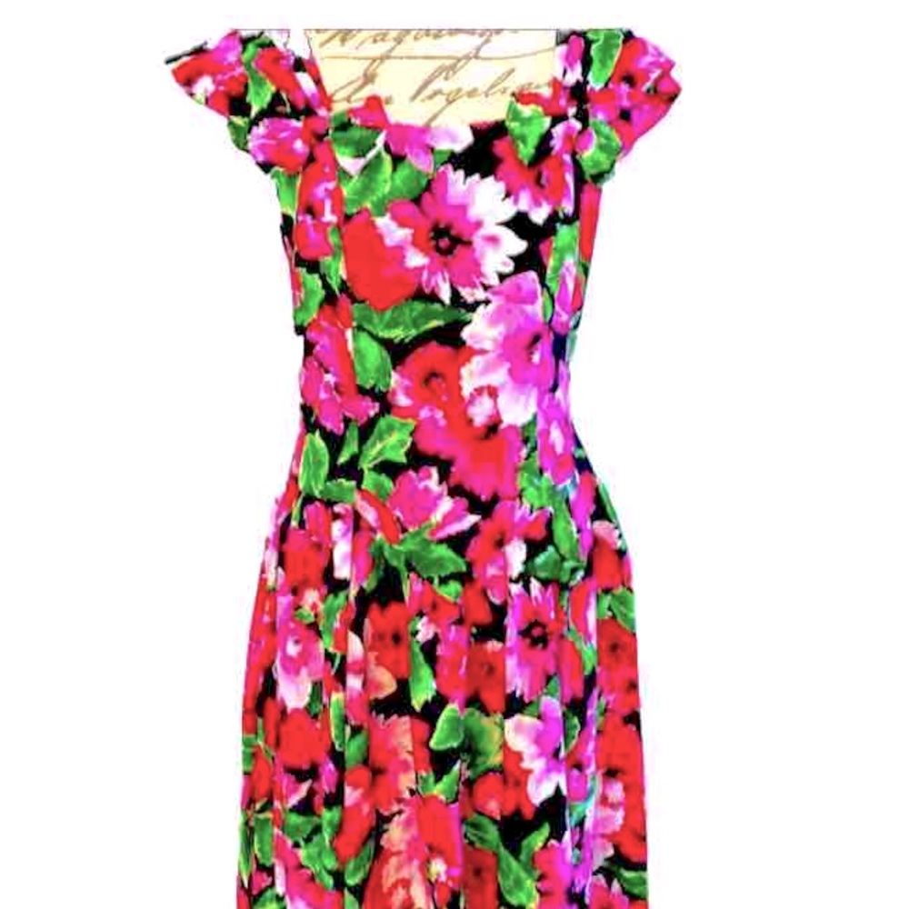 💕Vintage 80’s Cotton Bright Hot Pink Floral Full Skirted Party Dress